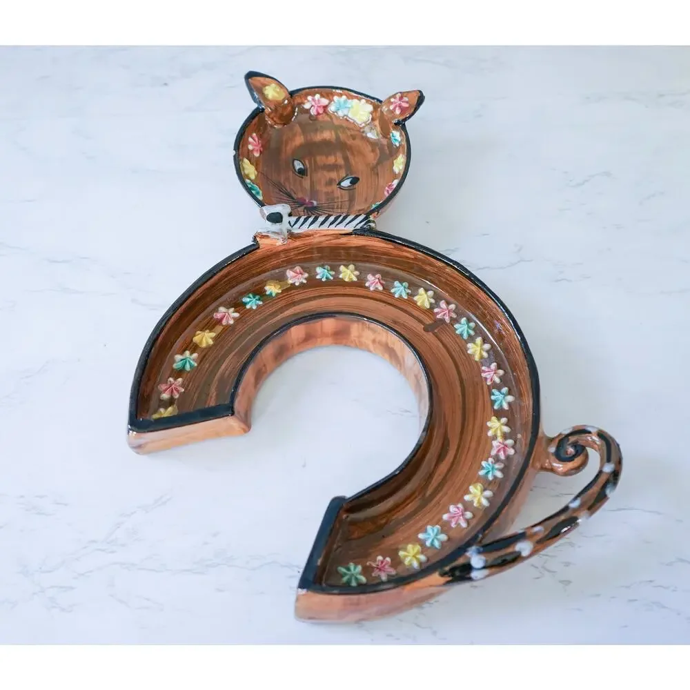 VTG 60s Elbee Italy Ceramic Cat Kitten Flower Tray Bowl Atomic Cottagecore